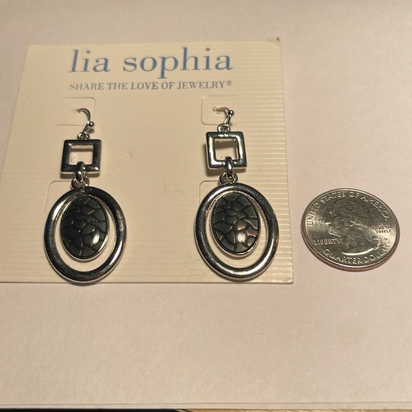 Liz Sophia Silver Tone with Black Oval Dangle Earrings - Picture 3 of 3